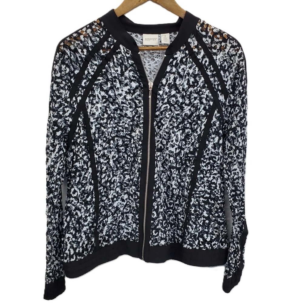 Zenergy By Chicos Womens L Black White Mesh Lace Zip Bomber Jacket Chic Layer